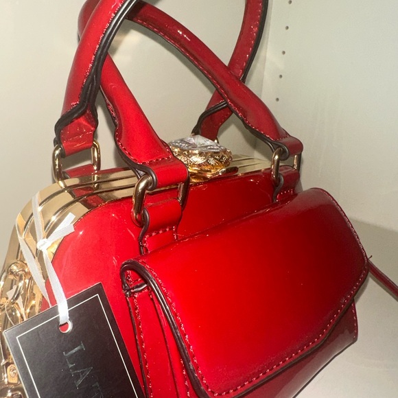 NEW Red Patent Leather Bag top handle or cross body strap gemstone closure - Picture 2 of 5